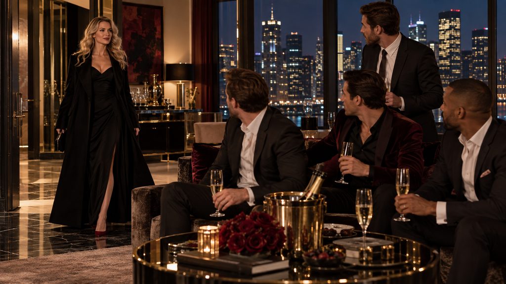 A blonde woman in a long black coat arrives at a penthouse party where four men in suits look up from their champagne.