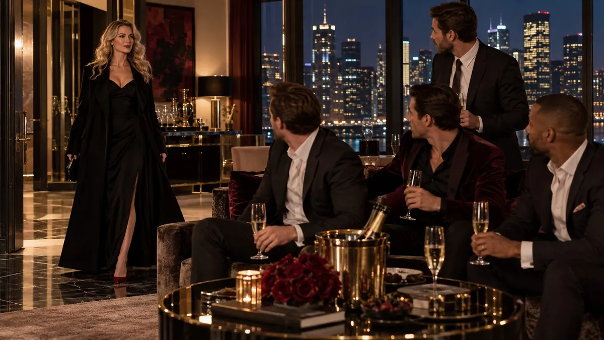 A blonde woman in a long black coat arrives at a penthouse party where four men in suits look up from their champagne.