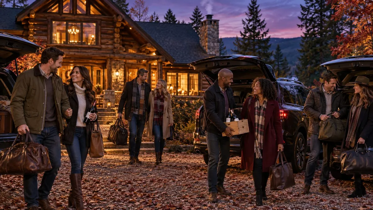 Four couples unload weekend bags and bottles of wine from their SUVs outside a warmly lit log cabin on an autumn evening.
