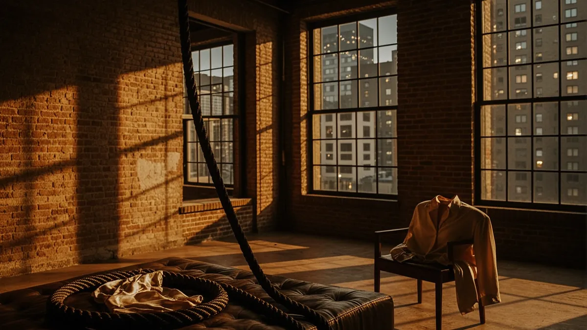 A sensual photograph of a luxurious minimalist loft at night with warm amber lighting, exposed brick walls, floor-to-ceiling windows showing twinkling city lights, black silk bondage rope arranged on leather furniture, and a woman's silk blouse draped over a chair suggesting recent undressing.