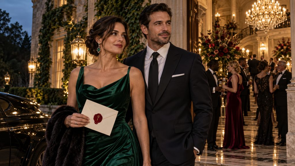 A couple in formal wear arrive at a grand candlelit mansion, the woman holding a cream envelope sealed with red wax.