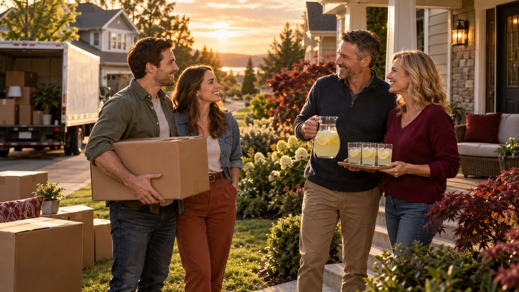 A young couple carrying moving boxes meets their new neighbors, who bring out a pitcher of lemonade on the front porch at sunset.