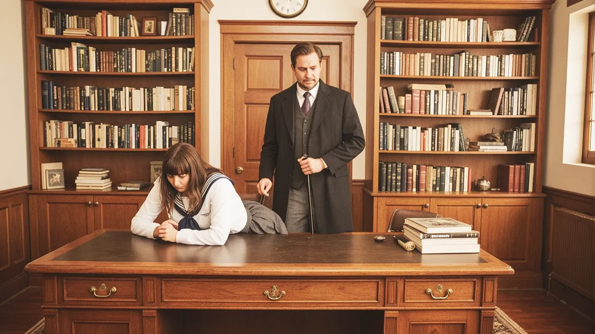 A moody photograph of an elegant home study with mahogany desk and bookshelves, a woman in schoolgirl uniform bent over the desk, a man in professorial attire standing behind her holding a cane, warm lighting, sophisticated atmosphere.