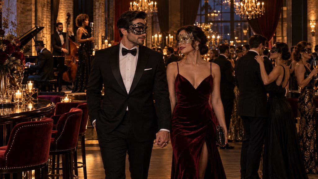 A masked couple in a tuxedo and deep red velvet gown walk hand in hand through a candlelit ballroom as a jazz trio plays behind them.