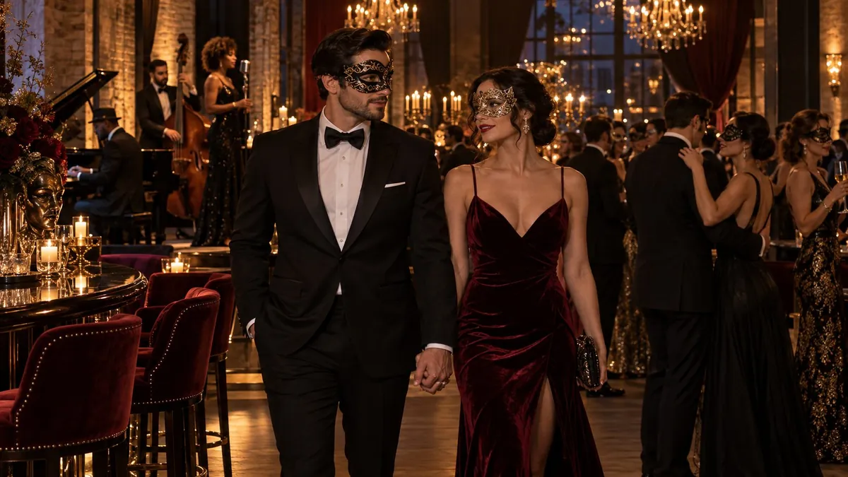 A masked couple in a tuxedo and deep red velvet gown walk hand in hand through a candlelit ballroom as a jazz trio plays behind them.