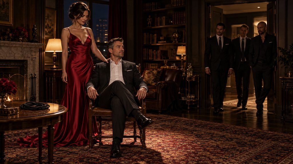A woman in a red satin gown rests her hand on the shoulder of a man seated in a chair in a candlelit study, a coiled rope on the table beside them, as three men in dark suits arrive in the doorway.