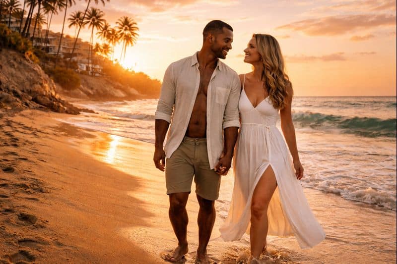 A man and woman walk hand in hand along the beach at sunset, smiling at each other, with waves and palm trees in the background-reminiscent of strolls on top nude beaches in California and Hawaii.