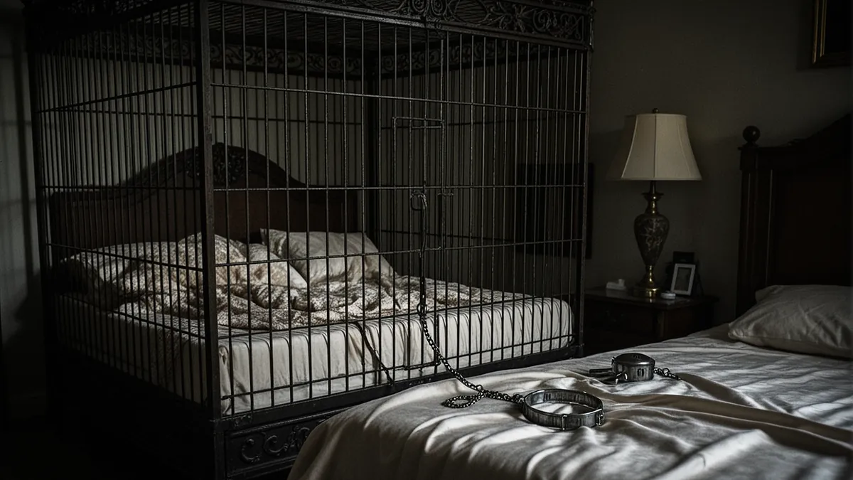 A dramatic photograph of an elegant bedroom with an ornate metal cage, soft blankets inside, a steel collar with leash attached lying on silk sheets, chastity device visible, moody lighting with shadows, sophisticated BDSM aesthetic.