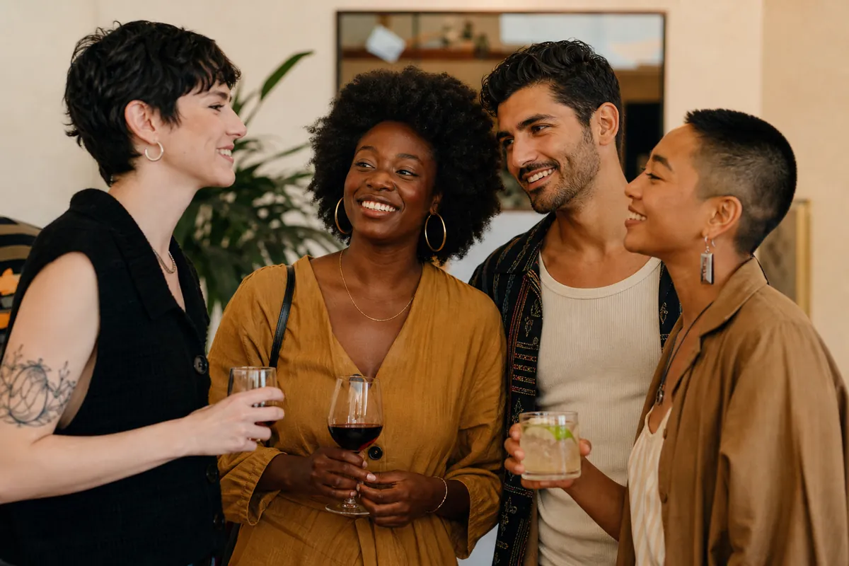 Inclusive lifestyle social gathering with diverse participants representing multiple identities in a welcoming atmosphere