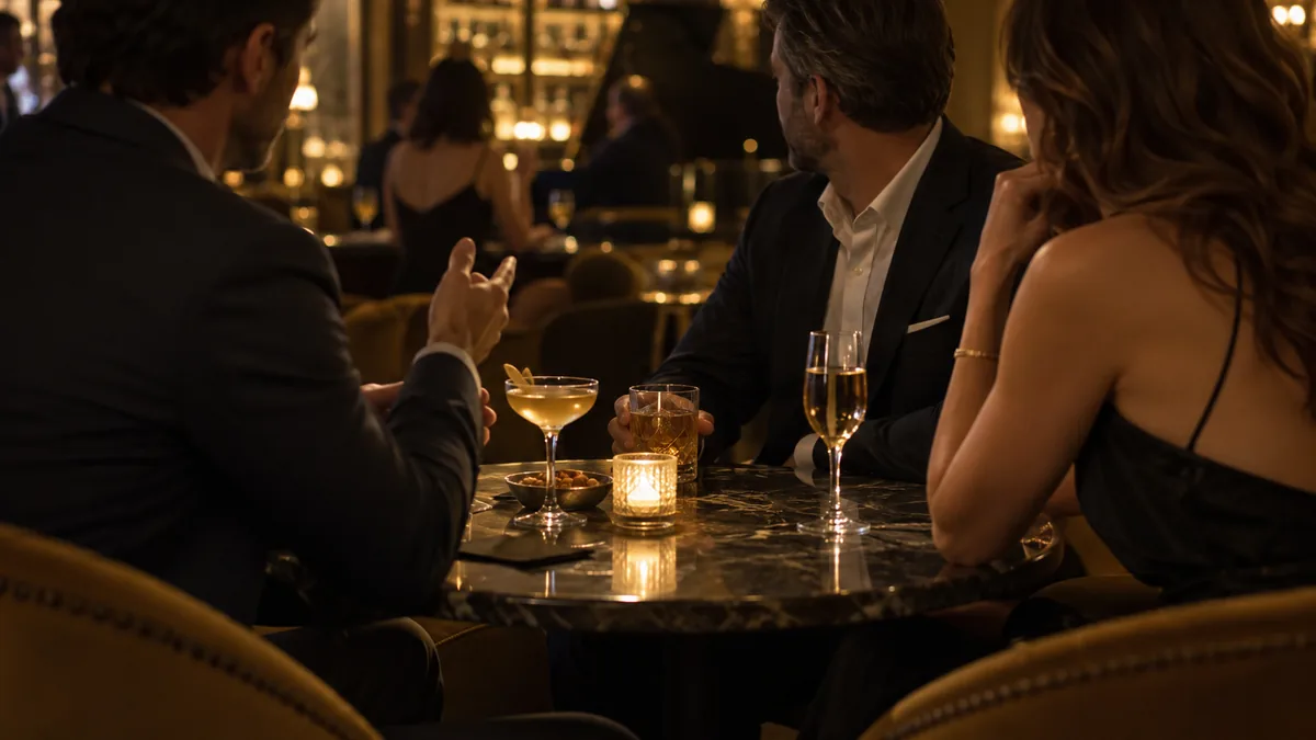 An adult couple sits across a cafe table from a single man, all three in smart clothes, mid-conversation