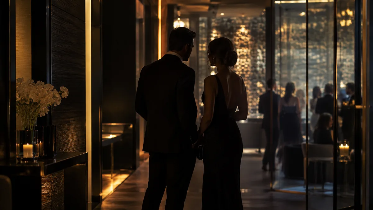 An adult couple stands at a distance in a dim club corridor, silhouetted against a softly lit glass wall