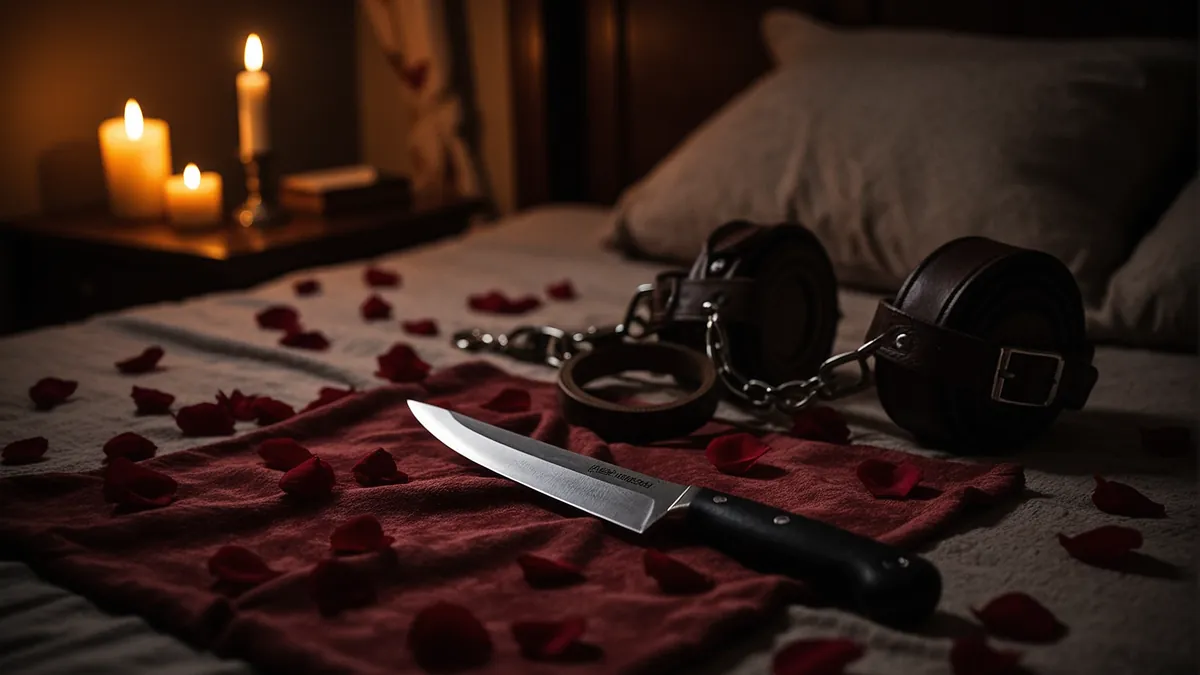An atmospheric photograph of a candlelit bedroom with a gleaming knife on velvet cloth, leather restraints on a bed, rose petals, romantic and intense atmosphere, warm lighting and shadows.