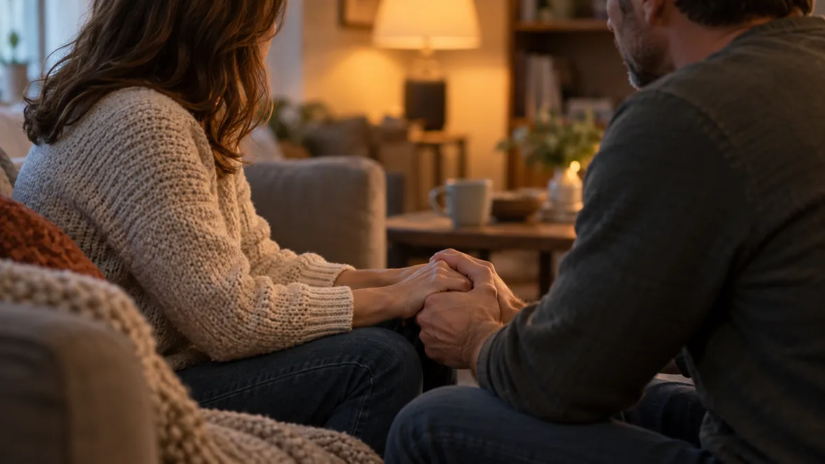 An adult couple sits on a living room sofa facing each other, one holding the other's hand, a serious but warm moment