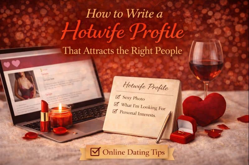 A romantic setup with a laptop displaying a profile, a wine glass, lipstick, jewelry box, and a notepad listing top hotwife profile tips for crafting the perfect introduction.