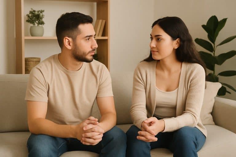 A man and woman sit on a beige couch facing each other, hands clasped, appearing to have a serious conversation about communication for couples in a neutral-toned living room.