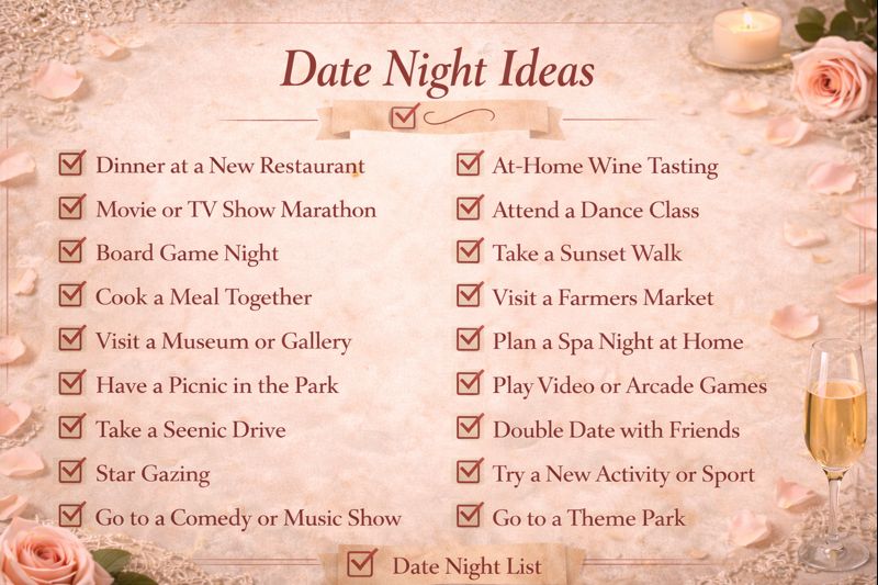 A list titled "Date Night Ideas," featuring various date suggestions such as dining out, sensual activities for couples, spa nights, and sunset walks, set against a rose-decorated background.