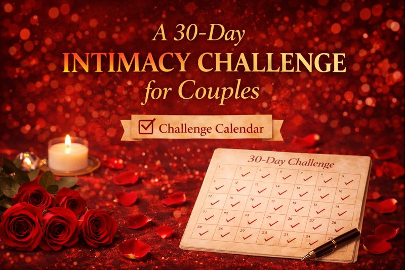 A candle, roses, and petals surround a calendar labeled "30-Day Intimacy Challenge for Couples" with a pen; text reads "A 30-day intimacy challenge for couples" against a red, glittery background.