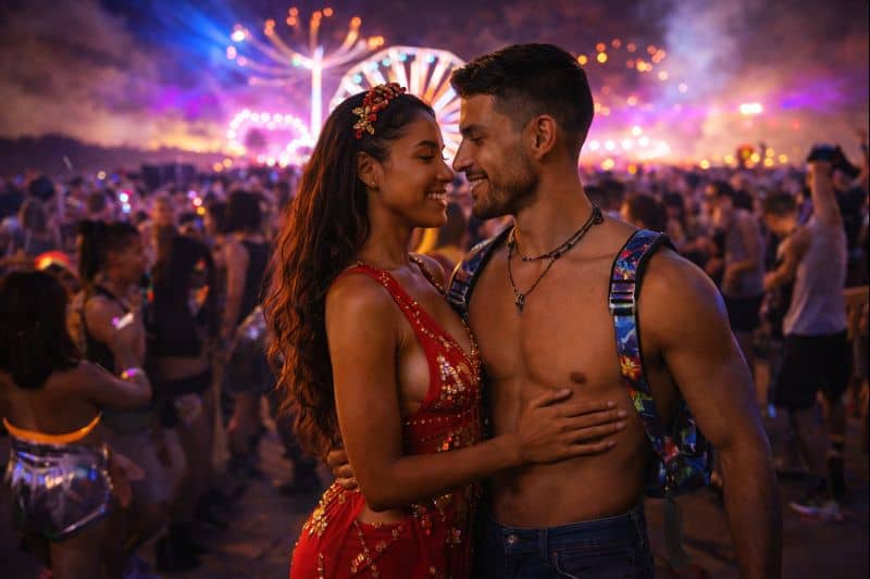 A woman in a red dress and a shirtless man smile at each other while standing closely at one of the best adult events and fetish festivals on the West Coast, surrounded by a lively crowd at an outdoor music festival at night.