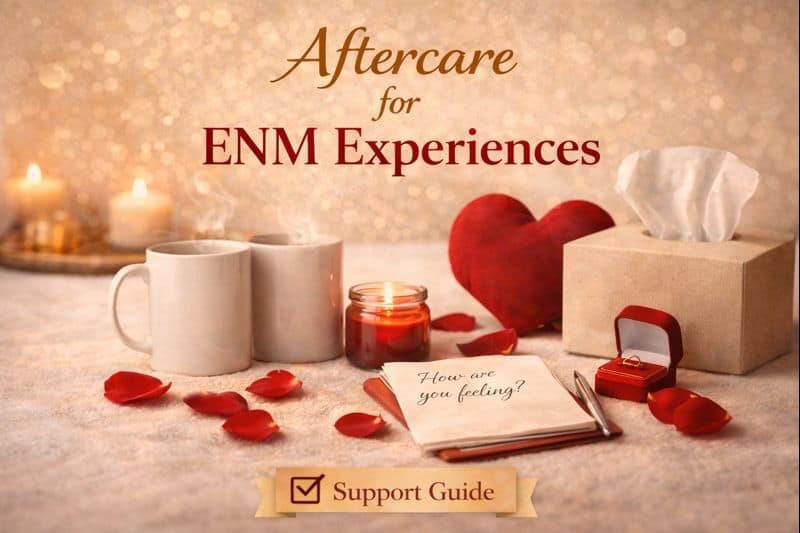 Two mugs, rose petals, a heart pillow, tissues, candles, and a ring box sit beside a notepad titled "How are you feeling?" with the text "ENM aftercare for experiences" above.