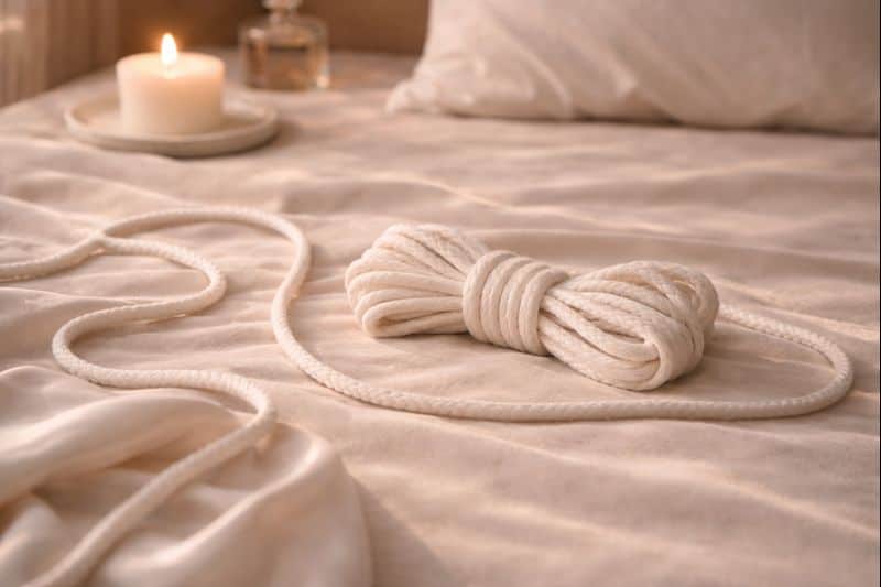 BDSM for Couples: Start Light, Play Smart 2 A coiled white rope, perfect for BDSM for couples, rests on a beige bedspread, with a lit candle and a glass bottle on a tray in the background.