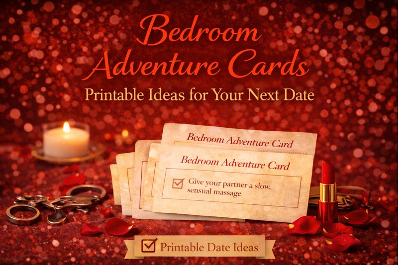 Bedroom Adventure Cards: Printable Ideas for Your Next Date 2 A set of printable bedroom adventure cards displayed on a red glittery background with a lit candle, handcuffs, petals, lipstick, and a note suggesting a sensual massage.