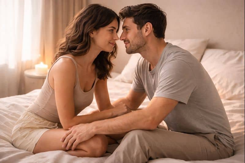 A couple sits close together on a bed, facing each other and holding hands, with soft lighting and a candle in the background—setting a gentle mood perfect for exploring a beginner’s guide to kink.