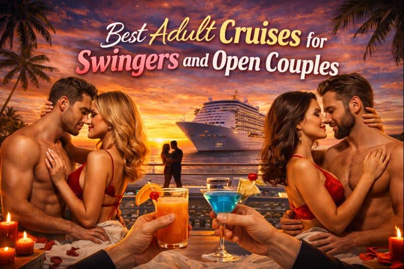 Four couples in swimwear embrace by the beach at sunset, a cruise ship in the background; drinks and candles on the table. Discover the best adult cruises for swingers and open couples—where excitement meets paradise.