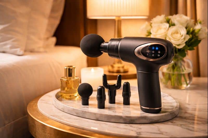 A black massage gun, inspired by best selling sex toys, with multiple attachments is displayed on a marble tray alongside a candle, perfume bottle, and a vase of white roses next to a bed and lamp.