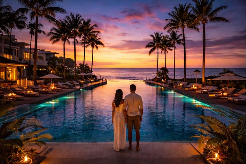 Best Swinger Resorts and Adult Hotels on the West Coast 2 A couple stands at the edge of a lit swimming pool, facing the ocean and a colorful sunset. Palm trees and lounge chairs surround the pool at one of the best swinger resorts and adult hotels on the West Coast.