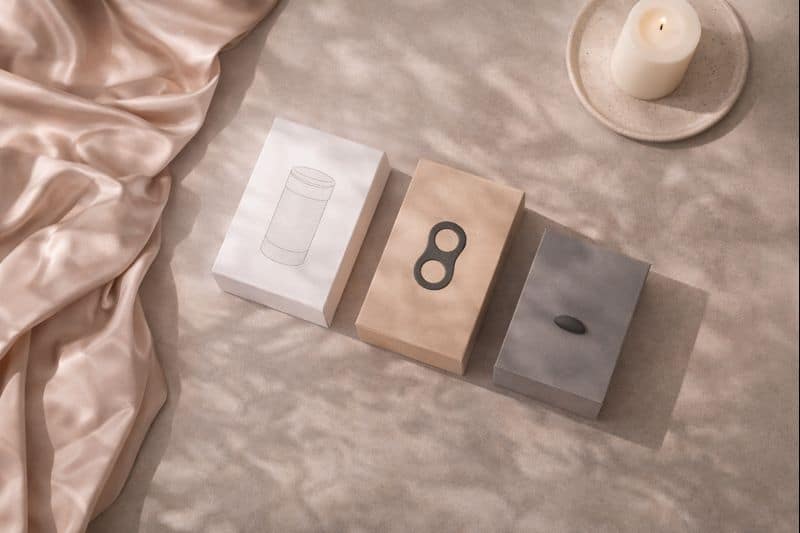 Best Vibrators For Shared Pleasure During Threesomes 2 Three minimalist product boxes are arranged on a textured surface next to a lit candle and beige satin fabric, setting the mood for exploring group play sex toys.