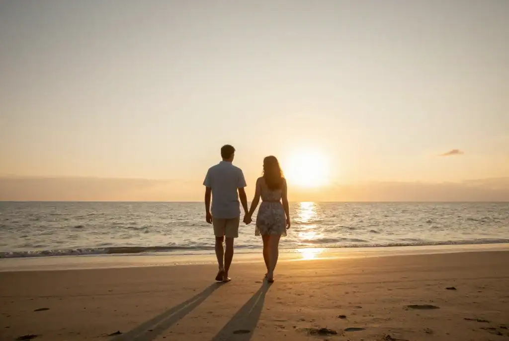 How to Build Trust Before Opening Your Relationship 2 Two people holding hands walk along the beach toward the ocean at sunset, casting long shadows on the sand—a gentle reminder to build trust before opening your relationship.