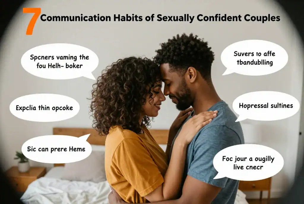 A couple stands close together in a bedroom, surrounded by speech bubbles with jumbled text and a title reading "7 Communication Habits of Sexually Confident Couples," highlighting the key communication habits of sexually confident couples.