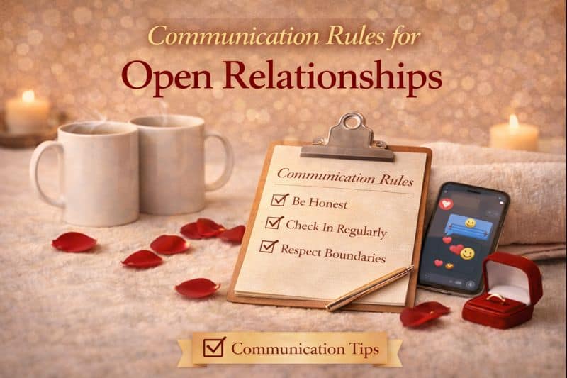 A checklist on a clipboard lists open relationship communication rules: be honest, check in regularly, respect boundaries. Surrounding items include mugs, candles, rose petals, and a phone.