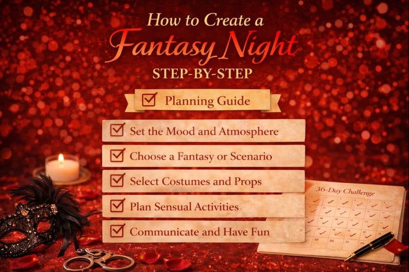 A checklist titled "How to Create a Fantasy Night" shows six steps on a red, romantic background, complete with a mask, candle, and calendar—perfect inspiration to create a fantasy night of your own.