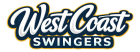 Logo with the words "West Coast" in large cursive font above "SWINGERS" in bold block letters, both outlined in yellow and blue, creating a classic west coast swing vibe and perfect for a stylish swingers text logo.