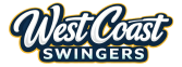 Logo with the words "West Coast" in large cursive font above "SWINGERS" in bold block letters, both outlined in yellow and blue, creating a classic west coast swing vibe and perfect for a stylish swingers text logo.