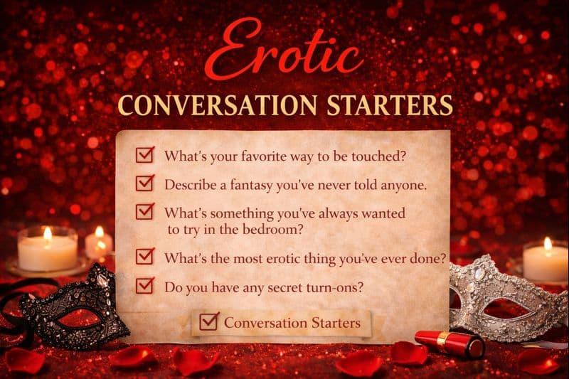 Erotic Conversation Starters That Uncover Hidden Fantasies 2 A decorative image with candles, rose petals, and masks showcases an inviting list of erotic conversation starters featuring five intimate questions on a parchment background.