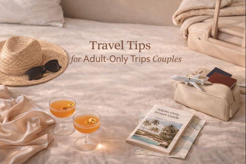 A bed with a straw hat, sunglasses, two cocktails, a resort guidebook, a small bag with travel items, and a toy airplane, promoting erotic travel tips for lifestyle couples on adult-only trips.