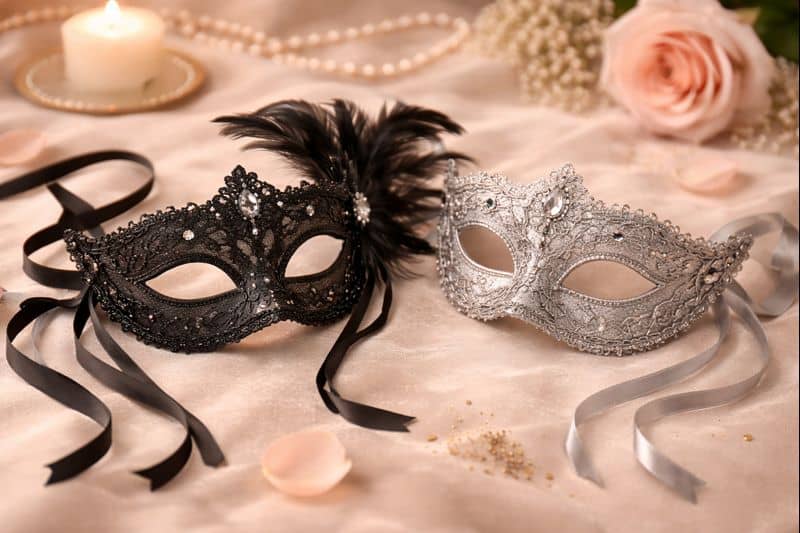 A black and a silver masquerade mask with ribbons lie on a satin surface, surrounded by rose petals, pearls, a lit candle, and a pink rose—creating the perfect setting for a fantasy negotiation for couples.