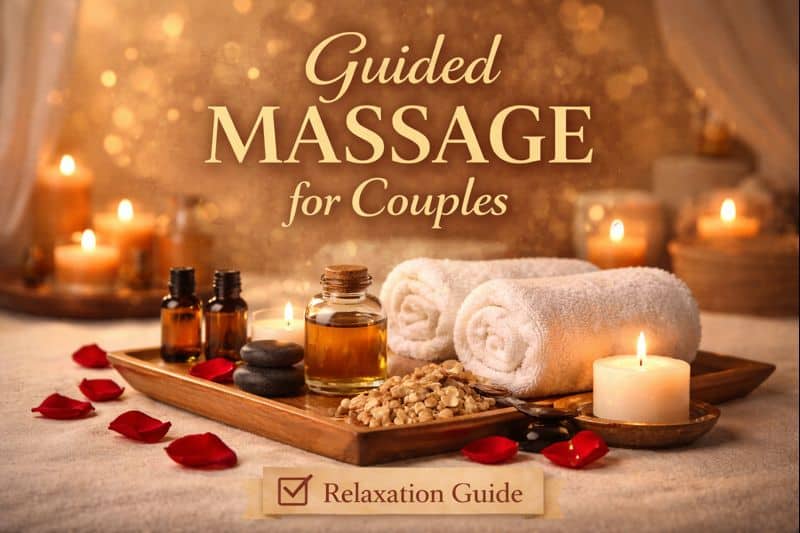 A spa scene showcases towels, massage oil bottles, stones, a candle, and rose petals on a tray, with the text "Sensual Massage for Couples" and "Relaxation Guide" displayed.