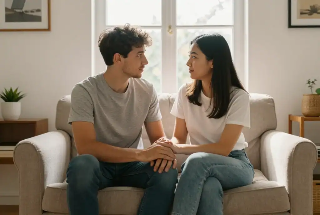 A man and a woman sit on a beige sofa, holding hands and looking at each other, as they discuss how to handle jealousy in a healthy way in their bright living room with a window behind them.