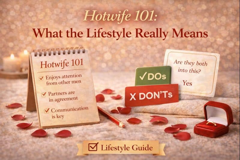 A notepad lists key points about "Hotwife 101" alongside cards labeled Dos and Don'ts, with rose petals, a candle, and a ring box arranged on a beige surface—perfect for exploring the hotwife lifestyle.