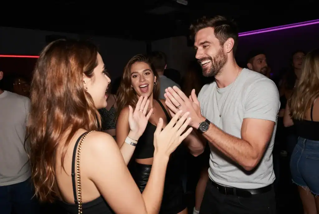 A group of people socializing and playing a clapping game in a dimly lit club with neon lights, offering a lively example of how to approach couples in a swinger club in a relaxed and playful environment.