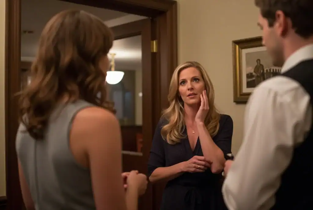 Three people stand in an office or home setting, with one woman touching her face while discussing how to choose your first swinger club with the other two, who are seen from behind and the side.