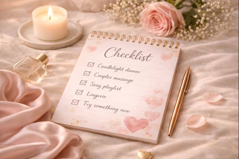A notepad on satin sheets displays a romantic checklist to create a kink scene, beside a gold pen, rose, petals, a burning candle, and a perfume bottle.