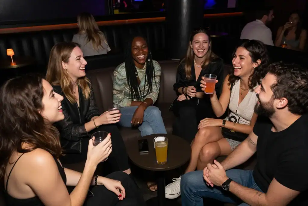 Six people sit around a small table in a dimly lit bar, holding drinks and smiling as they talk together—sharing tips on how to make friends at swinger clubs.