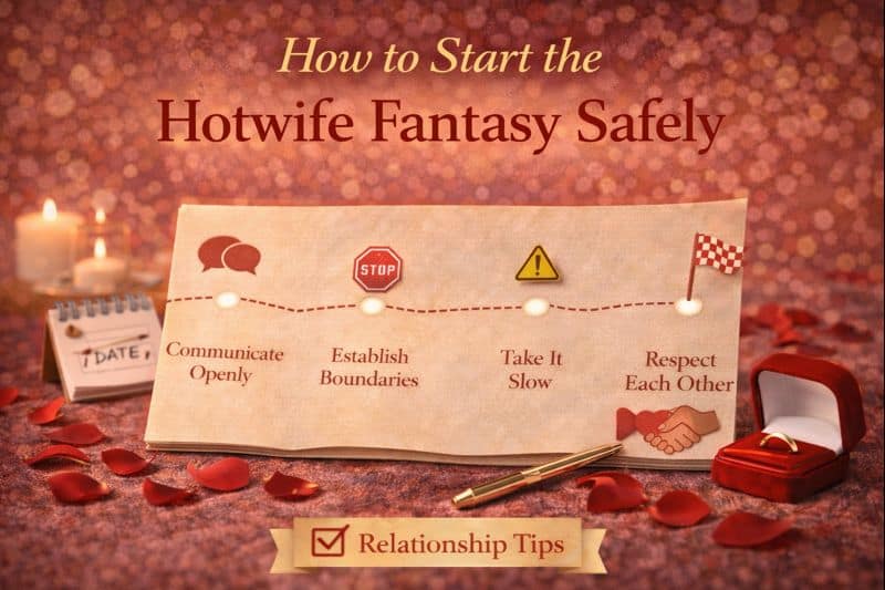 A romantic setting with candles, rose petals, and a chart on how to start the hotwife fantasy safely: communicate openly, set boundaries, take it slow, and always respect each other.