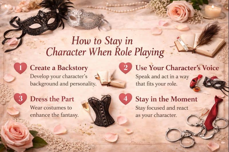 Image with four role-playing tips: create a backstory, use your character’s voice, dress the part, and stay in the moment—perfect for those wondering how to stay in character during roleplay. Surrounded by masks, roses, a corset, handcuffs, and accessories.