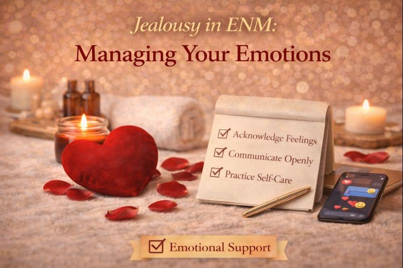 A cozy setup with candles, rose petals, a heart pillow, a checklist on managing jealousy in ENM, and a phone displaying a heart, emphasizing emotional support in ENM relationships.