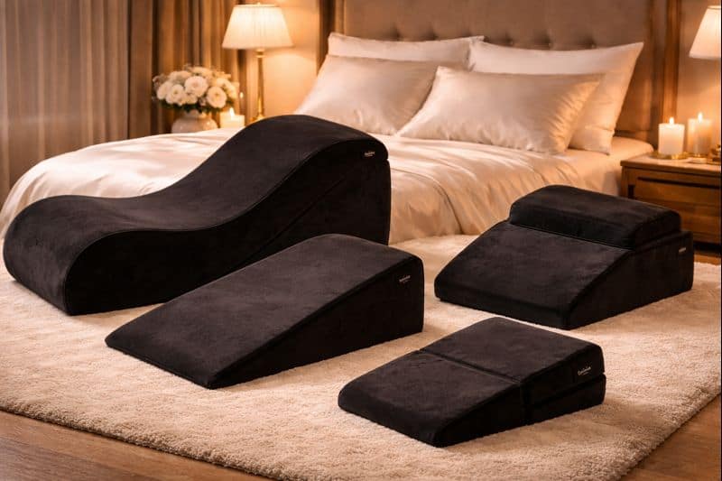 Four black memory foam wedge cushions, ideal for sex furniture for couples, are arranged on a beige carpet in a bedroom with a neatly made bed in the background.